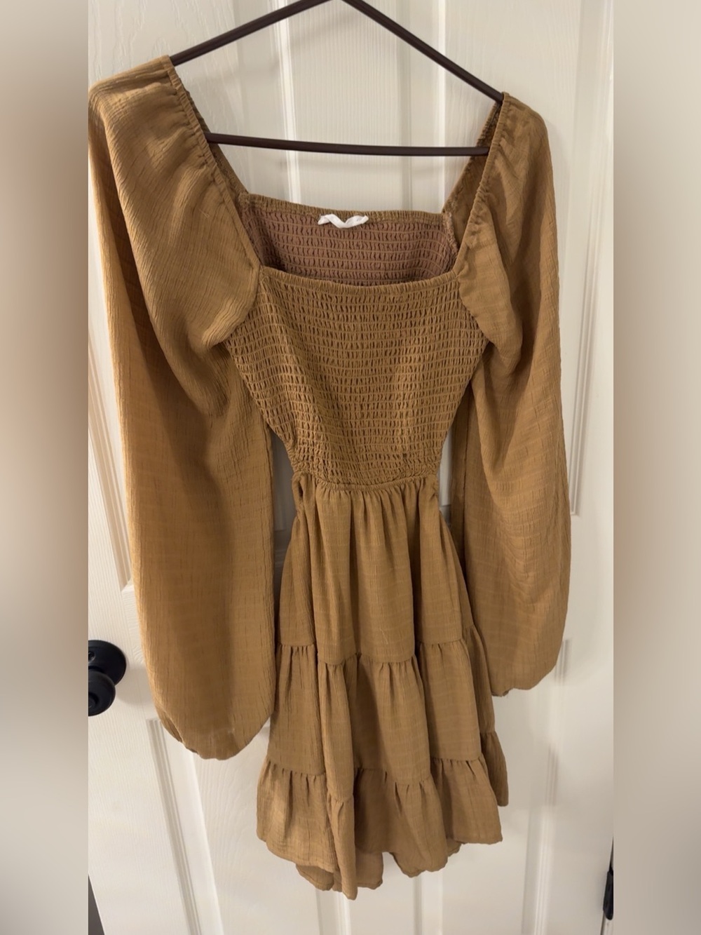 12th Tribe Tan Smocked Square-Neck Tiered Mini Dress